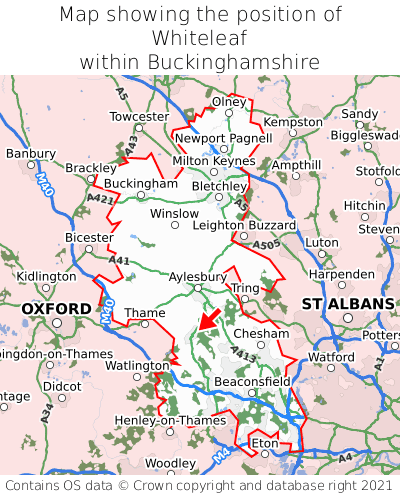 Map showing location of Whiteleaf within Buckinghamshire