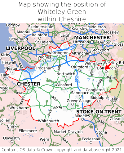 Map showing location of Whiteley Green within Cheshire
