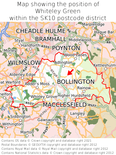 Map showing location of Whiteley Green within SK10