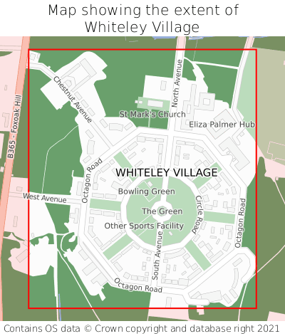 Map showing extent of Whiteley Village as bounding box