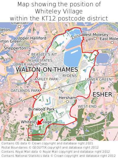 Map showing location of Whiteley Village within KT12