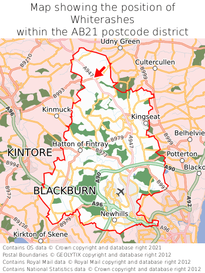 Map showing location of Whiterashes within AB21