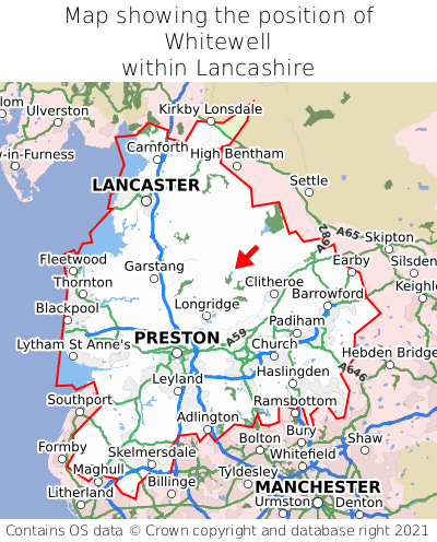 Map showing location of Whitewell within Lancashire