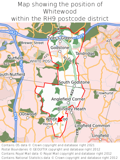 Map showing location of Whitewood within RH9