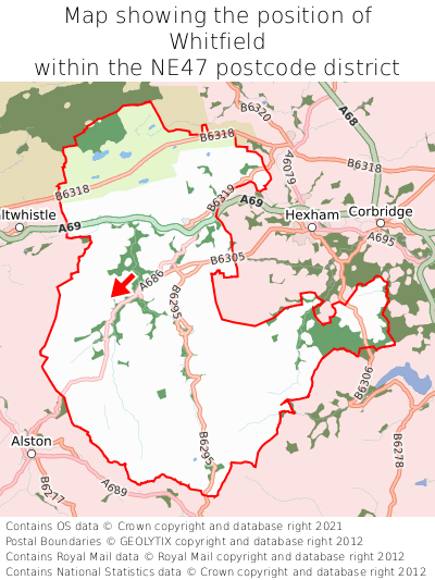 Map showing location of Whitfield within NE47