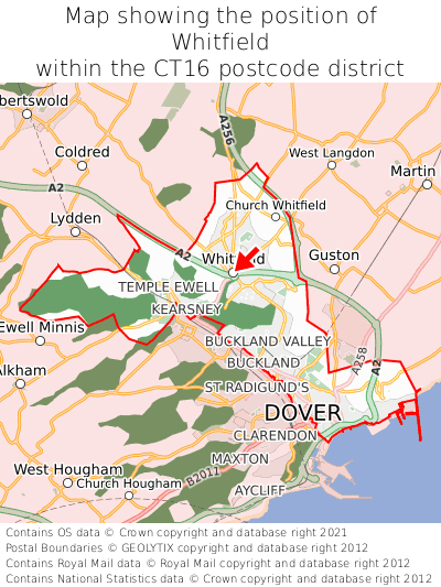 Map showing location of Whitfield within CT16