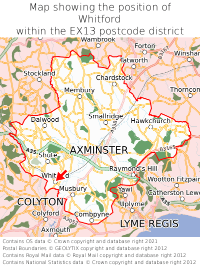 Map showing location of Whitford within EX13