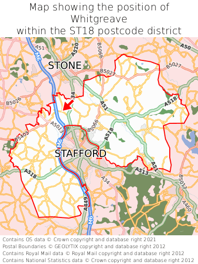 Map showing location of Whitgreave within ST18
