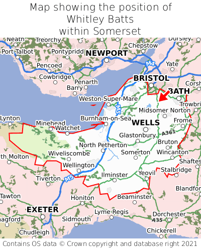 Map showing location of Whitley Batts within Somerset