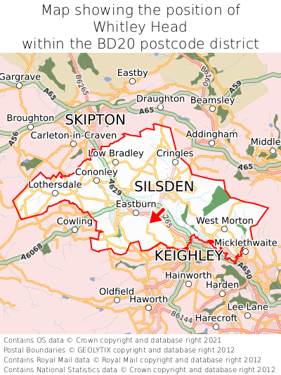 Map showing location of Whitley Head within BD20