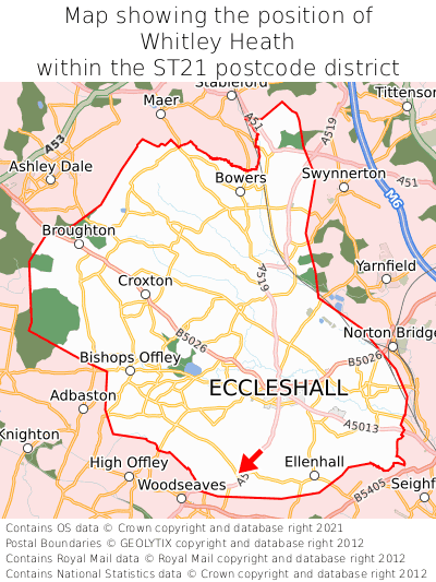 Map showing location of Whitley Heath within ST21