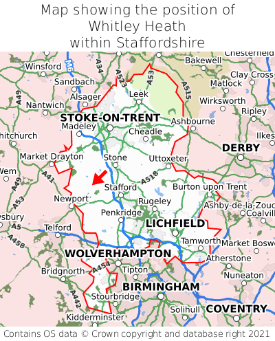 Map showing location of Whitley Heath within Staffordshire