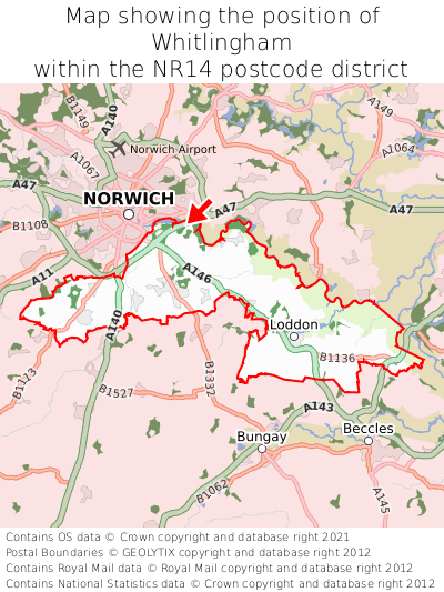 Map showing location of Whitlingham within NR14