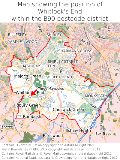 Map showing location of Whitlock's End within B90