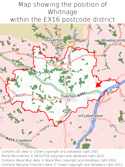 Map showing location of Whitnage within EX16