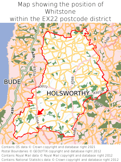 Map showing location of Whitstone within EX22