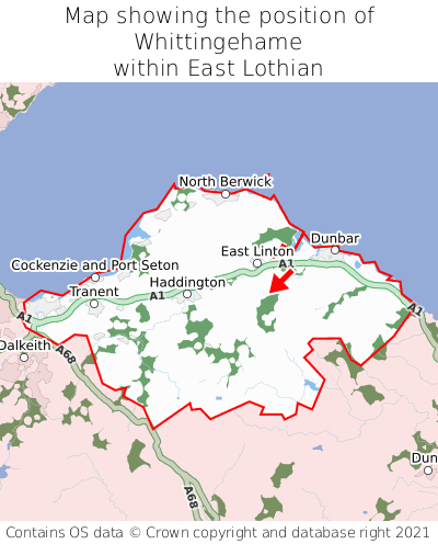 Map showing location of Whittingehame within East Lothian