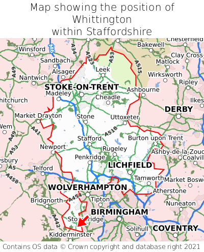Map showing location of Whittington within Staffordshire