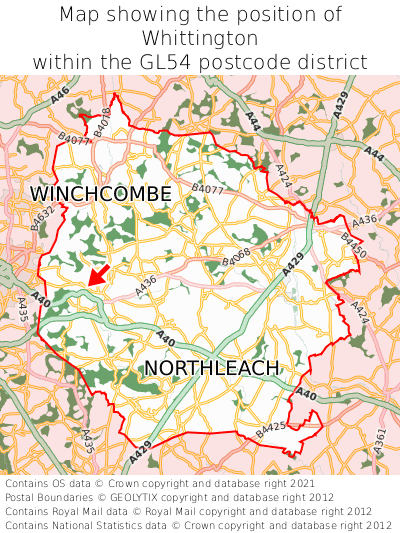Map showing location of Whittington within GL54
