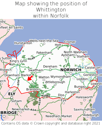Map showing location of Whittington within Norfolk