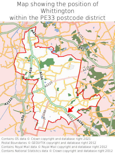 Map showing location of Whittington within PE33