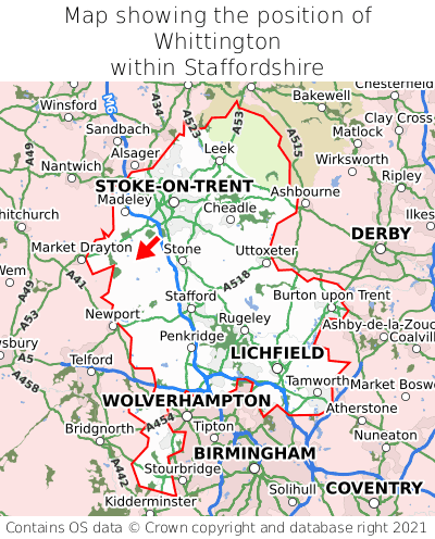 Map showing location of Whittington within Staffordshire