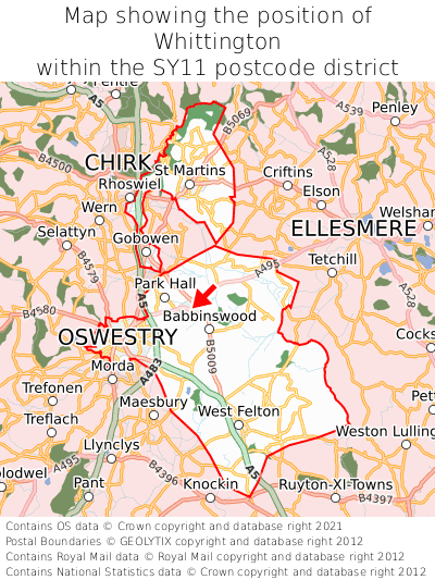 Map showing location of Whittington within SY11