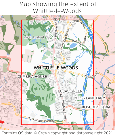 Map showing extent of Whittle-le-Woods as bounding box