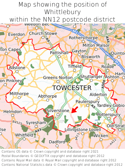 Map showing location of Whittlebury within NN12