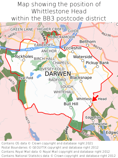 Map showing location of Whittlestone Head within BB3