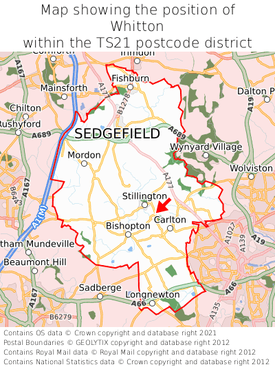 Map showing location of Whitton within TS21