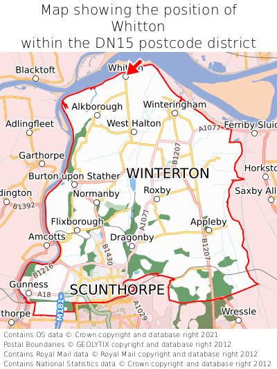 Map showing location of Whitton within DN15