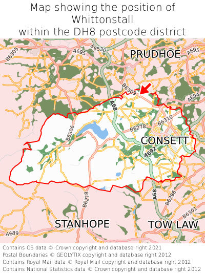 Map showing location of Whittonstall within DH8