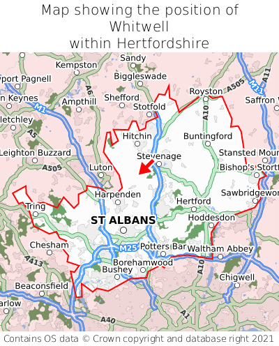 Map showing location of Whitwell within Hertfordshire