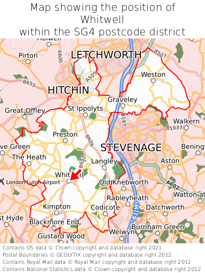 Map showing location of Whitwell within SG4