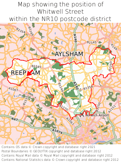 Map showing location of Whitwell Street within NR10