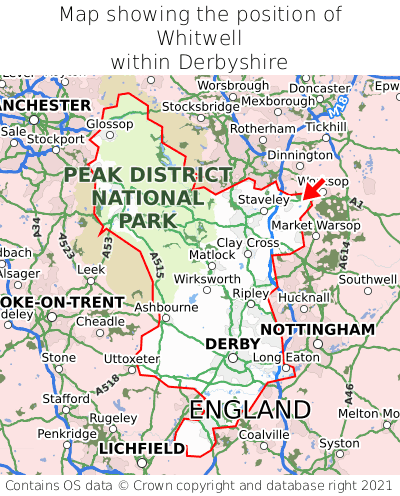 Map showing location of Whitwell within Derbyshire