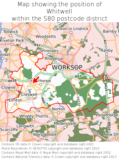 Map showing location of Whitwell within S80