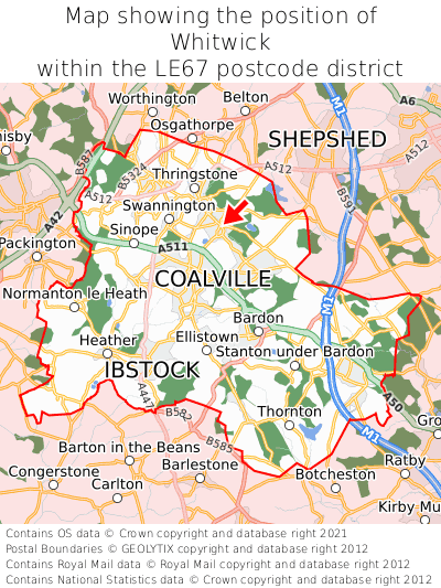 Map showing location of Whitwick within LE67