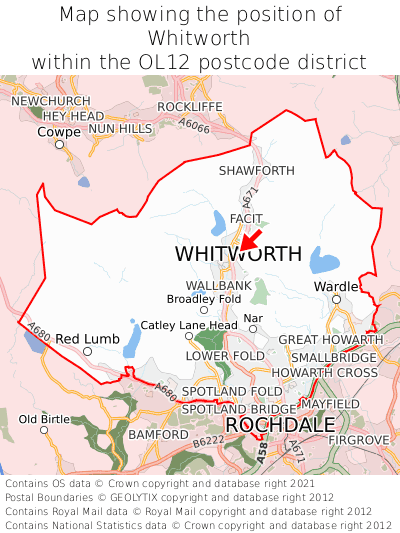 Map showing location of Whitworth within OL12