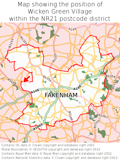 Map showing location of Wicken Green Village within NR21