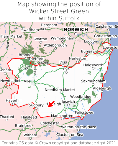 Map showing location of Wicker Street Green within Suffolk