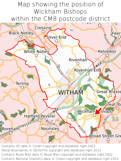Map showing location of Wickham Bishops within CM8