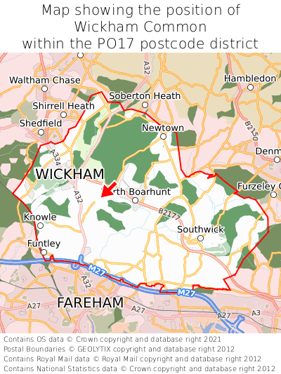 Map showing location of Wickham Common within PO17