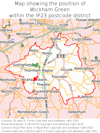 Map showing location of Wickham Green within IP23