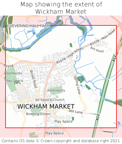 Map showing extent of Wickham Market as bounding box