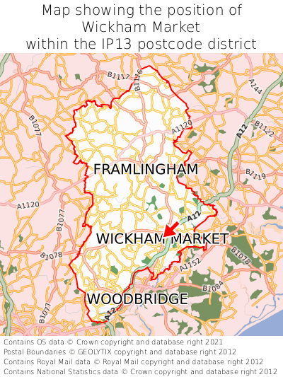 Map showing location of Wickham Market within IP13