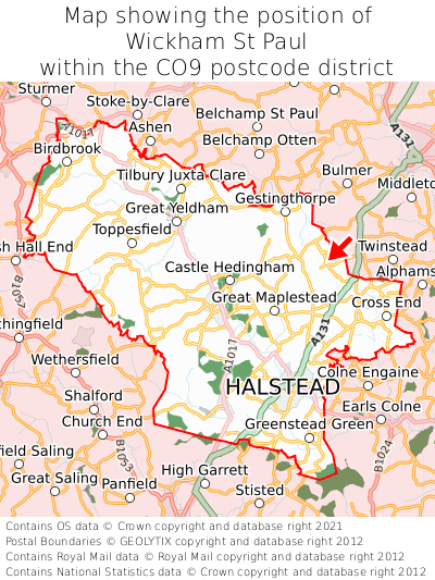 Map showing location of Wickham St Paul within CO9