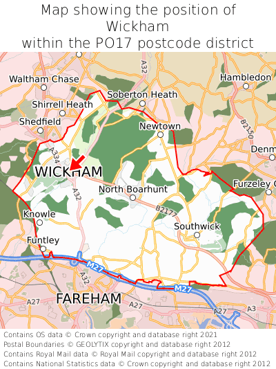 Map showing location of Wickham within PO17
