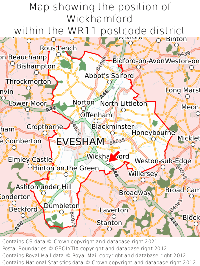 Map showing location of Wickhamford within WR11